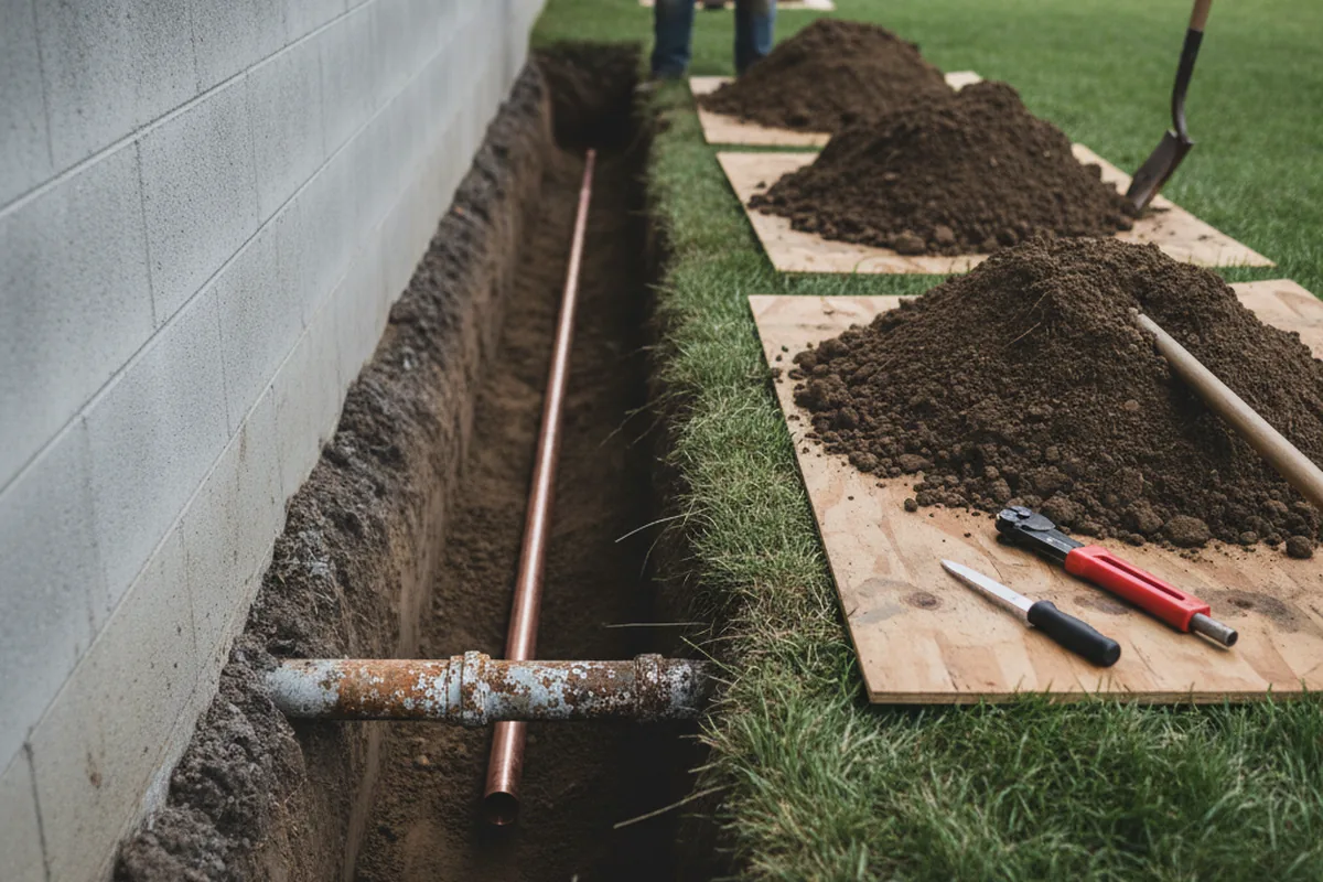 Excavated water line trench during Sewer Line Repair in Novelty